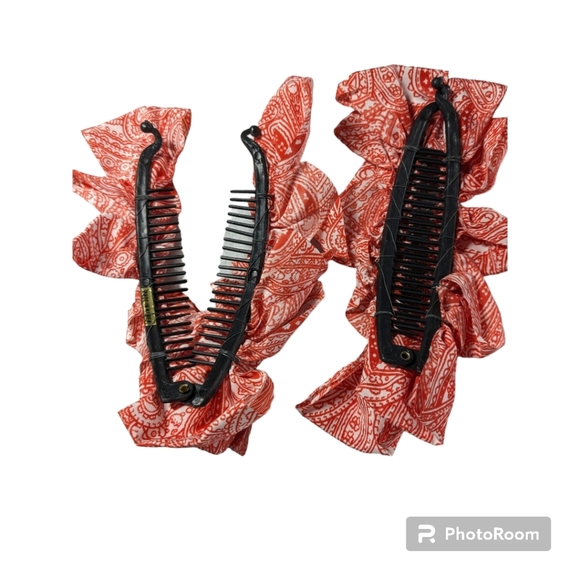 Vintage Clincher Combs. Banana Hair Clips with Fabric. 1 Pair. Orange & … - Picture 3 of 8